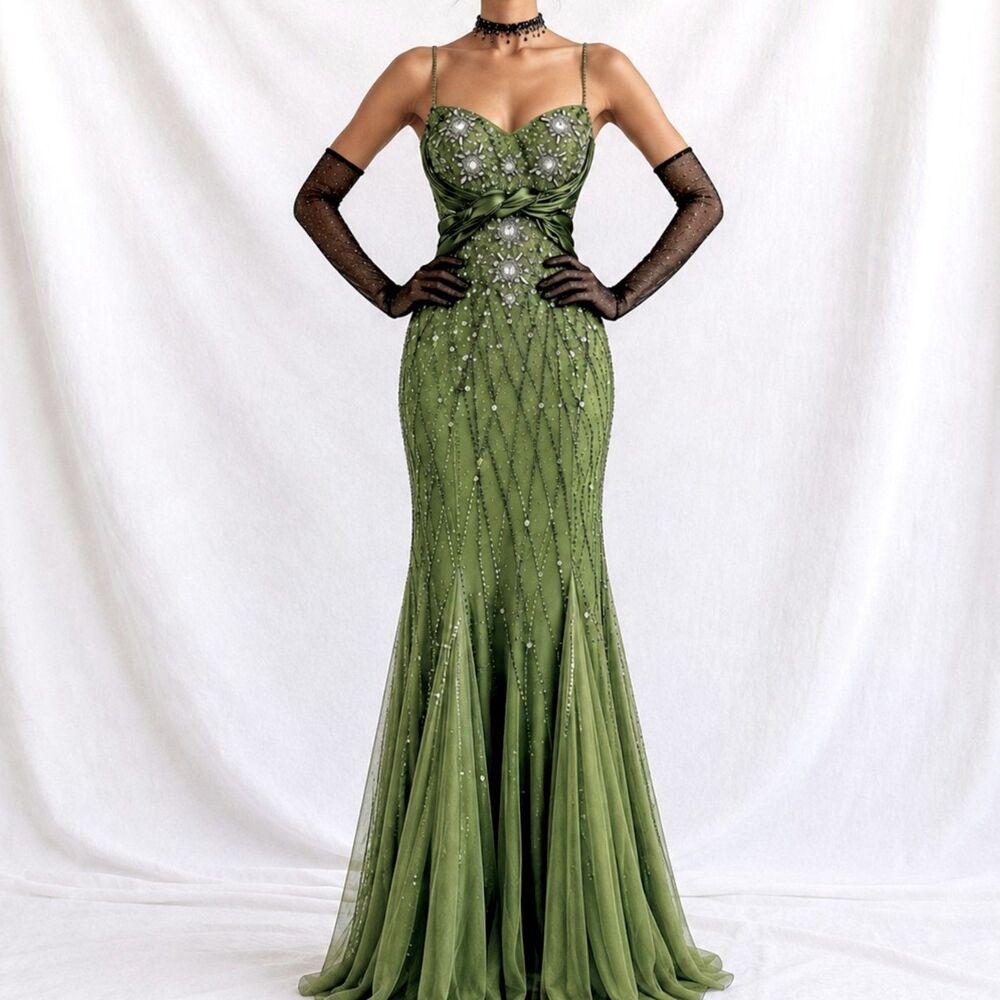 Vintage Y2K 90s Green Flared Floral Beaded Mesh Bodycon Maxi Prom Dress Size S